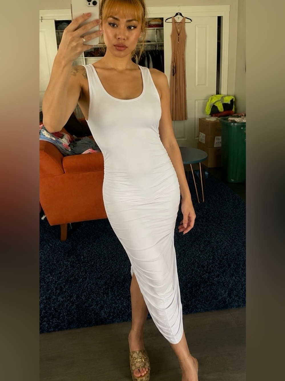 White Ruched Tank Midi Dress - Women